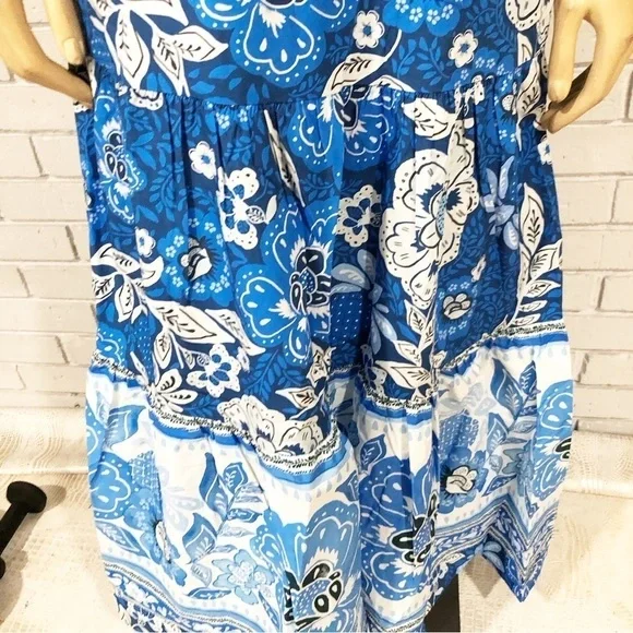 knee length dresses for ladies FARM Rio Full of Flowers Midi Dress Blue Floral Print Cotton Size Medi   Celebrity Owned